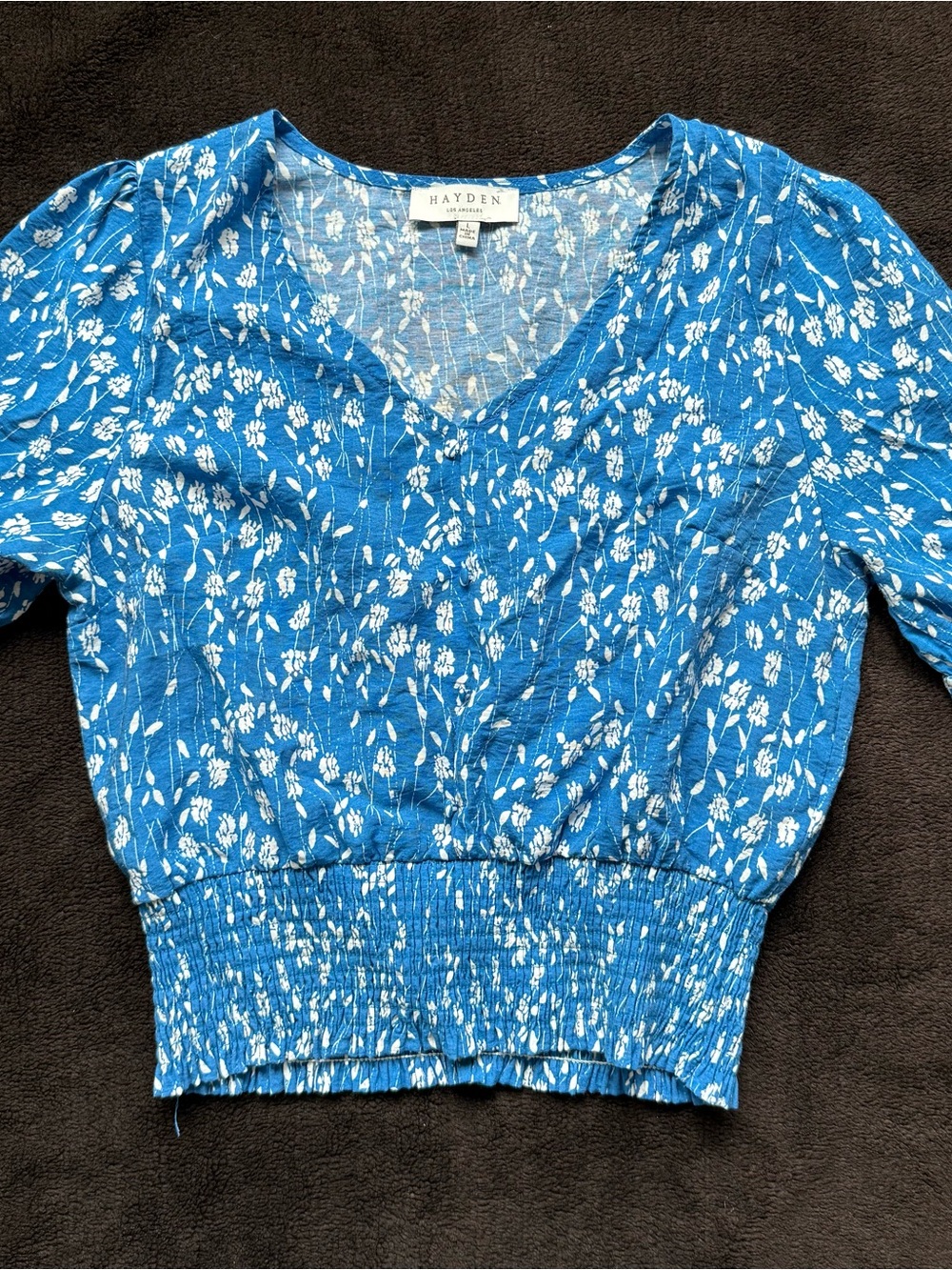Hayden Blue Floral V-Neck Smocked Crop Top